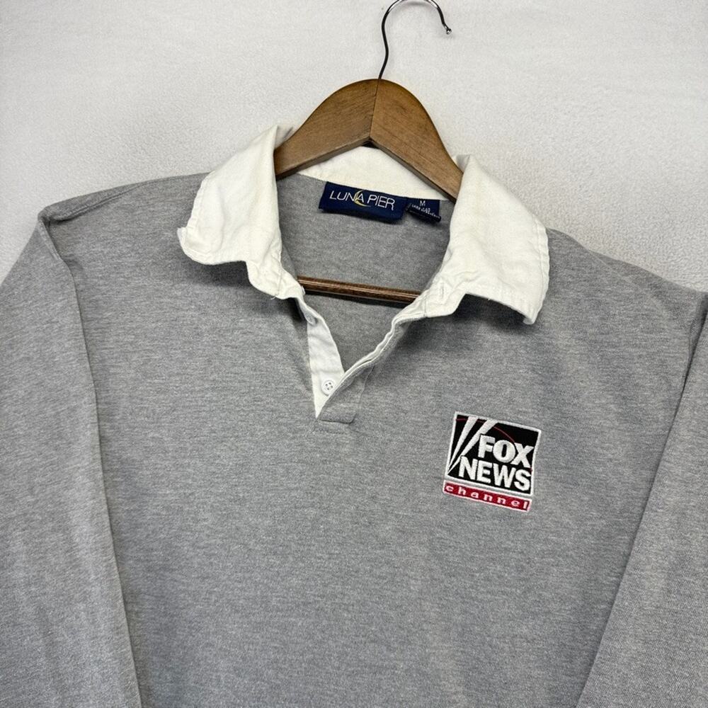 Vintage Fox News Polo Shirt men's Medium Gray Solid Embroidered Rugby Channel